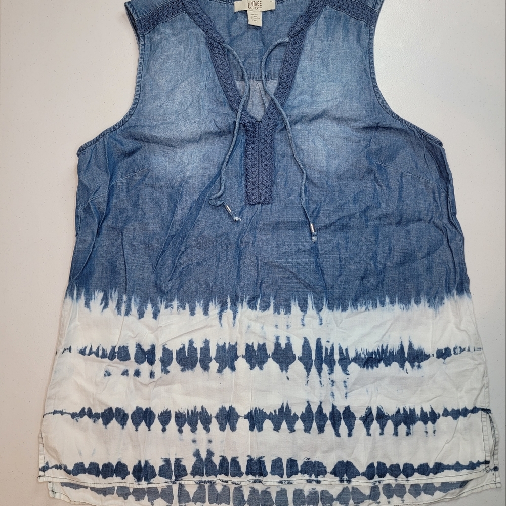 Vintage America Blues Chambray Denim Tank Top, V-neck with tassle tie, EUC, szL
